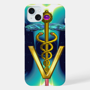 Coque iPhone 15 Plus CADUCÉE VÉTÉRINAIRE DORÉ SYMBOLE / Bleu sarcelle