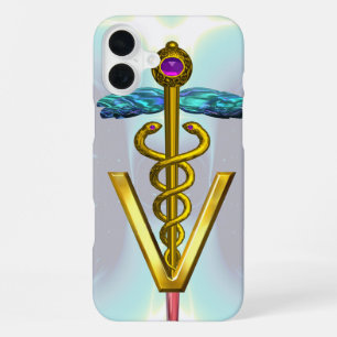 COQUE iPhone 16 PLUS CADUCÉE VÉTÉRINAIRE SYMBOLIQUE OR LOUIS BLEU TURQU