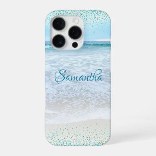 Coque iPhone 16 Pro California Ocean Beach Photo Blue Gold Confetti
