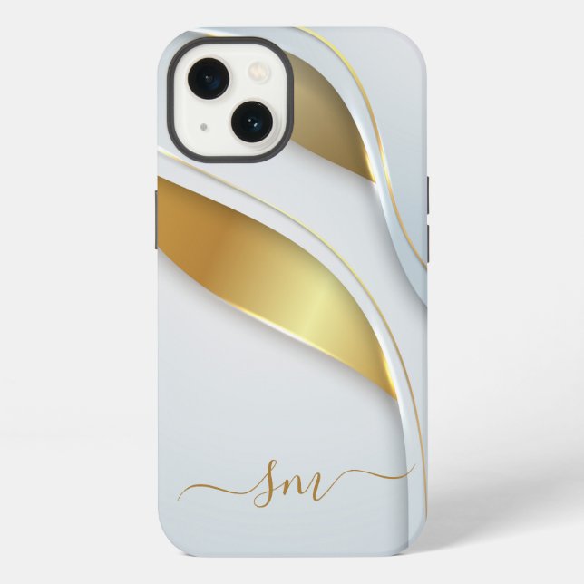 Coque iPhone Calligraphie initiale aspect métal 3D Or Blanc (Verso)