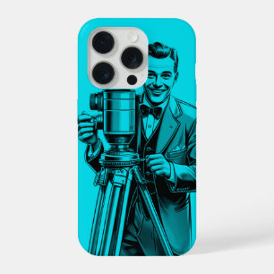 Coque iPhone 15 Pro Caméraman de cinéma ancien en bleu
