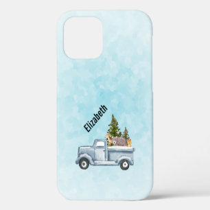 Coque iPhone 12 Camion de Noël avec pins et animaux de forêt