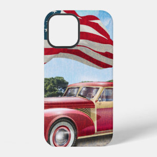 Coque iPhone 12 Camionnette vintage rouge avec drapeau américain.
