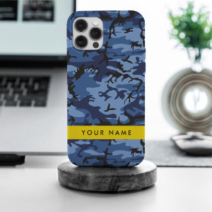 Coque iPhone 15 Pro Max Camouflage bleu marine Votre nom Personnalisez