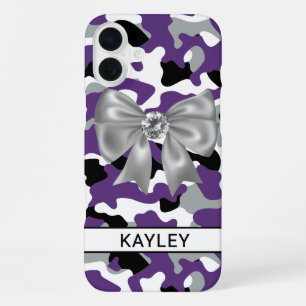 Coque iPhone 16 Plus Camouflage Violet Noir Personnalisé Brillante