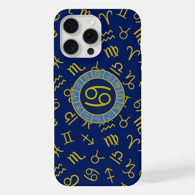 Coque iPhone Cancer Zodiac+Astrologie Symboles Motif Gold+Blues (Verso)