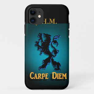 coque iphone "Carpe Diem" avec Lion noir et bleu.
