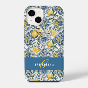 Coque Pour iPhone 14 Carreau Bleu Citron Aquarelle Jaune Nom