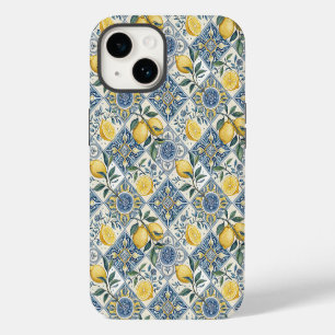 Coque Pour iPhone 14 Carreau bleu français country jaune citron