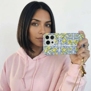 Coque iPhone 15 Pro Carreau bleu méditerranéen italien motif citron