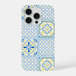 Coque iPhone 15 Pro Carreau italien méditerranéen bleu et jaune