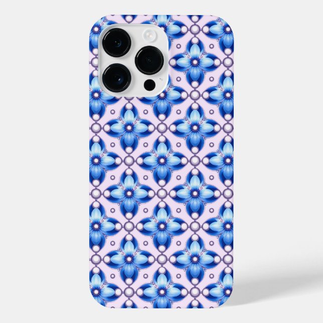 Coque iPhone Carreaux Fleuris Bleu Royal Luxe ✨ Accent Perle Él (Verso)