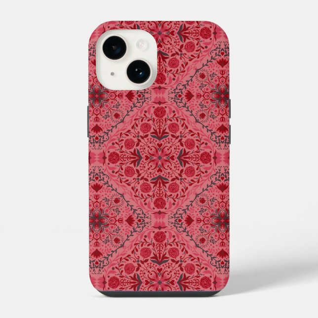 Coque iPhone Carreaux floraux en rouge et rose pastèque (Verso)