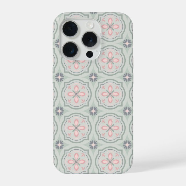 Coque iPhone Carreaux Floraux Pastel Vert (Verso)
