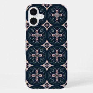 Coque iPhone 16 Plus carreaux géométriques floraux de couleur terreuse
