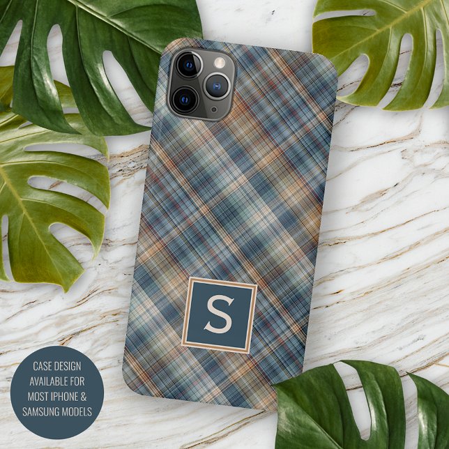 Coque iPhone Carreaux Gingham Bleu Ténèbre Beige Brun (Créateur téléchargé)
