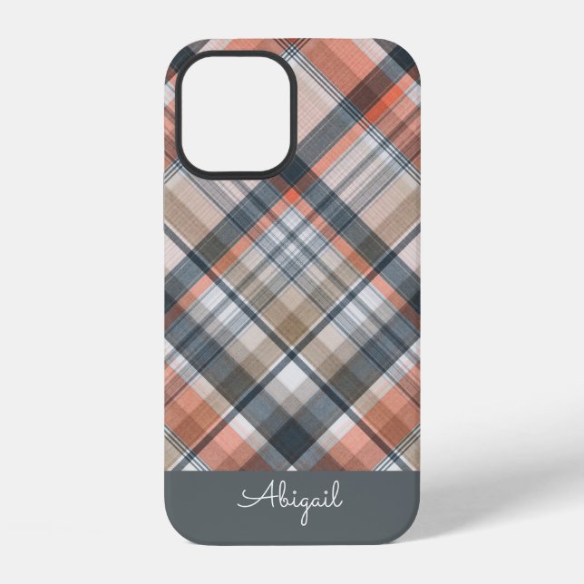 Coque iPhone Carreaux Gris Élégant Nom Script (Verso)