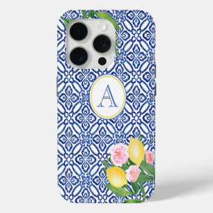 Coque iPhone 15 Pro Carreaux italiens bleus et blancs aux citrons Posi