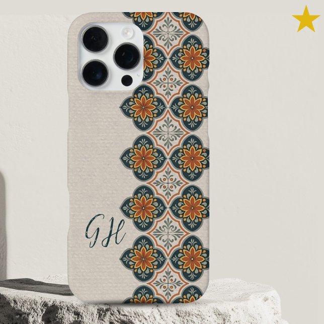 Coque iPhone Carreaux Portugais Monogramme Orange Bleu Été (Créateur téléchargé)