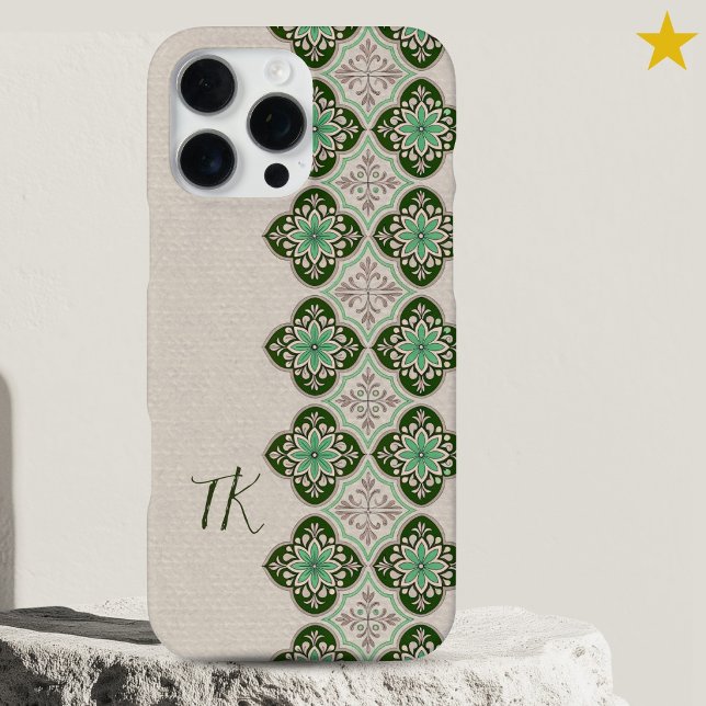 Coque iPhone Carreaux portugais verts bleus frais et chic Monog (Créateur téléchargé)