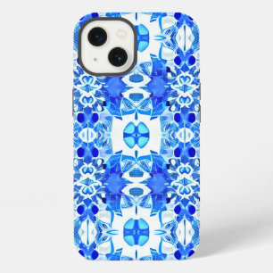 Etui iPhone 13 Carrelage en batik bleu cobalt et blanc