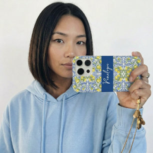 Coque iPhone 15 Pro Carrelage Motif Méditerranéen Citron Bleu Blanc