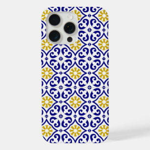 Coque iPhone 15 Pro Max Carrelage portugais Bleu méditerranéen Floral