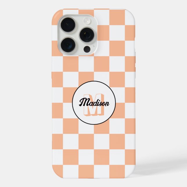 Coque iPhone Carrés à carreaux pêche blanc rétro Monogramme (Verso)