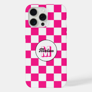 Coque iPhone 15 Pro Max Carrés à carreaux rose vif blanc Monogramme rétro