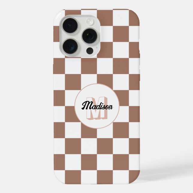 Coque iPhone Carrés à damier marron moka blanc rétro Monogramme (Verso)