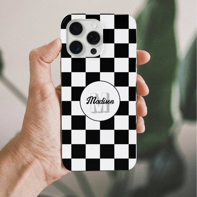 Coque iPhone Carrés à damier noir et blanc rétro Monogramme (Créateur téléchargé)