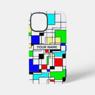 Coque iPhone 12 Mini Carrés Aléatoires Hommage à Mondrian Nom Personnal