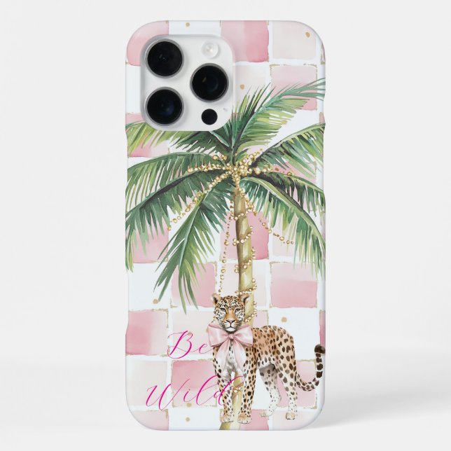 Coque iPhone Carrés roses chic palmier or léopard (Verso)