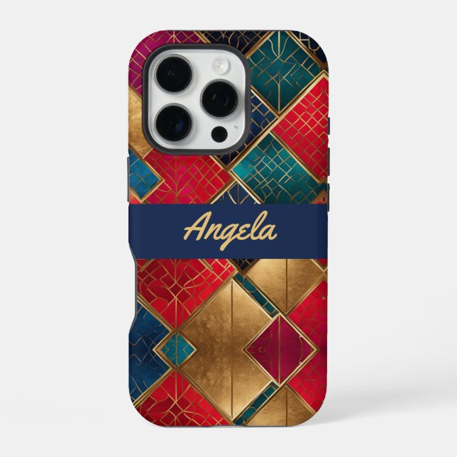 Coque iPhone Carrés rouges or et bleus (Verso)