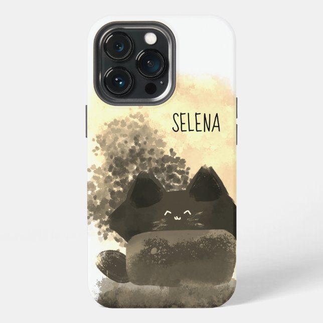 Coque iPhone Cartoon Gold et Black Cute Chat Fluffé caché (Dos)