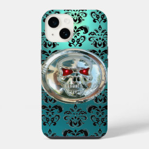 COQUE POUR iPhone 14 CAVALIERS DE LA MORT NOIR TEAL BLEU DAMAS FLORAL
