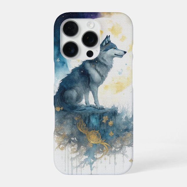 Coque iPhone Celestial Wolf Night Sky Gold Filigree iPhone 16 P (Verso)