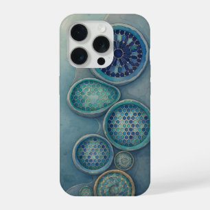 Coque iPhone 15 Pro Cercles d'hexagone Design Abstrait Steampunk Bleu