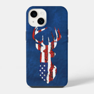 Coque Pour iPhone 14 Cerf au drapeau américain sur cuir bleu  