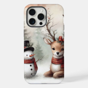 Coque iPhone 15 Pro Max Cerf de Noël classique en bois / bonhomme de neige