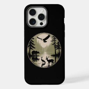 Coque iPhone 15 Pro Max Cerf Ours Aigle Lune Forêt Silhouette