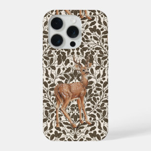 Coque iPhone 15 Pro Cerf sur le motif damassé de chêne décoratif en br
