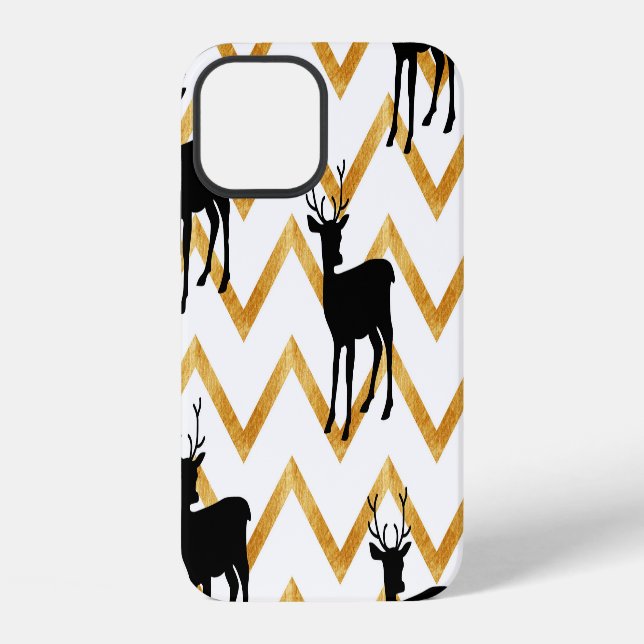 Coque iPhone Cerfs noirs, motif texturé doré. (Verso)