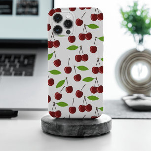 Coque iPhone 15 Pro Max Cerise rouge, motif de cerises, feuilles, fruit