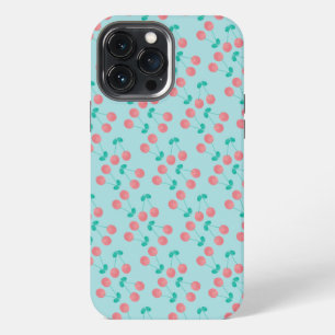 Etui iPhone 13 Pro Max Cerises Aquarelle Peinte à la Main Rose Turquoise