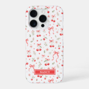 Coque iPhone 16 Pro Cerises avec nœuds coquettes rouges monogrammées