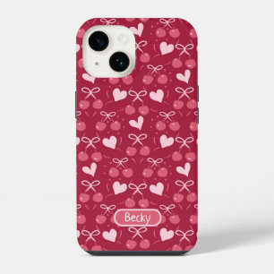 Coque Pour iPhone 14 Cerises Bows Coeurs rouge et rose