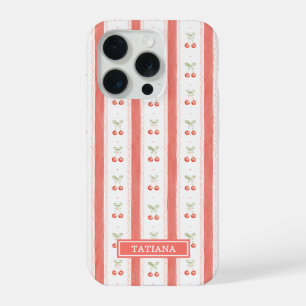Coque iPhone 15 Pro Cerises Monogrammées à Rayures Aquarelle