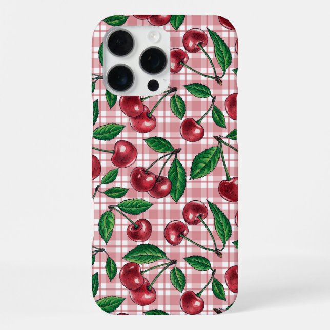 Coque iPhone Cerises rouges sur en vichy rose (Verso)