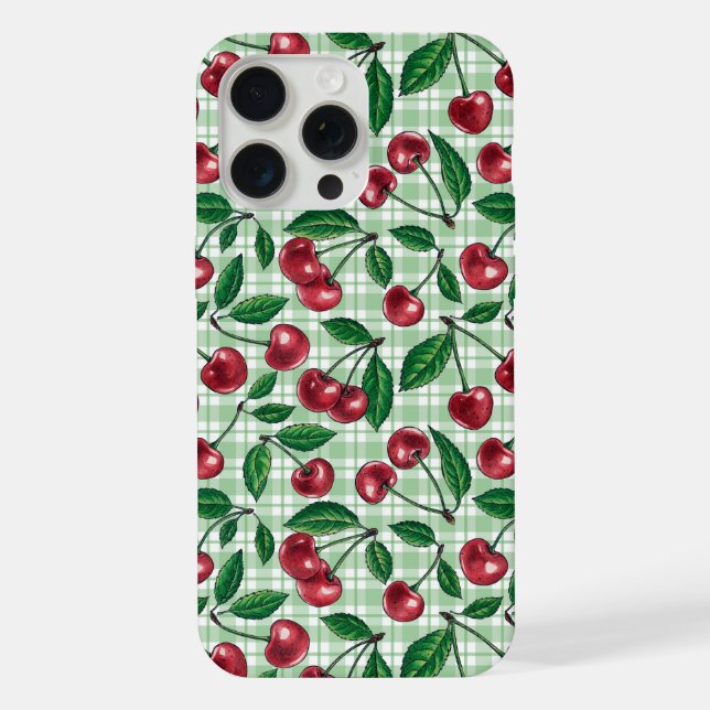 Coque iPhone Cerises rouges sur en vichy vert clair (Verso)